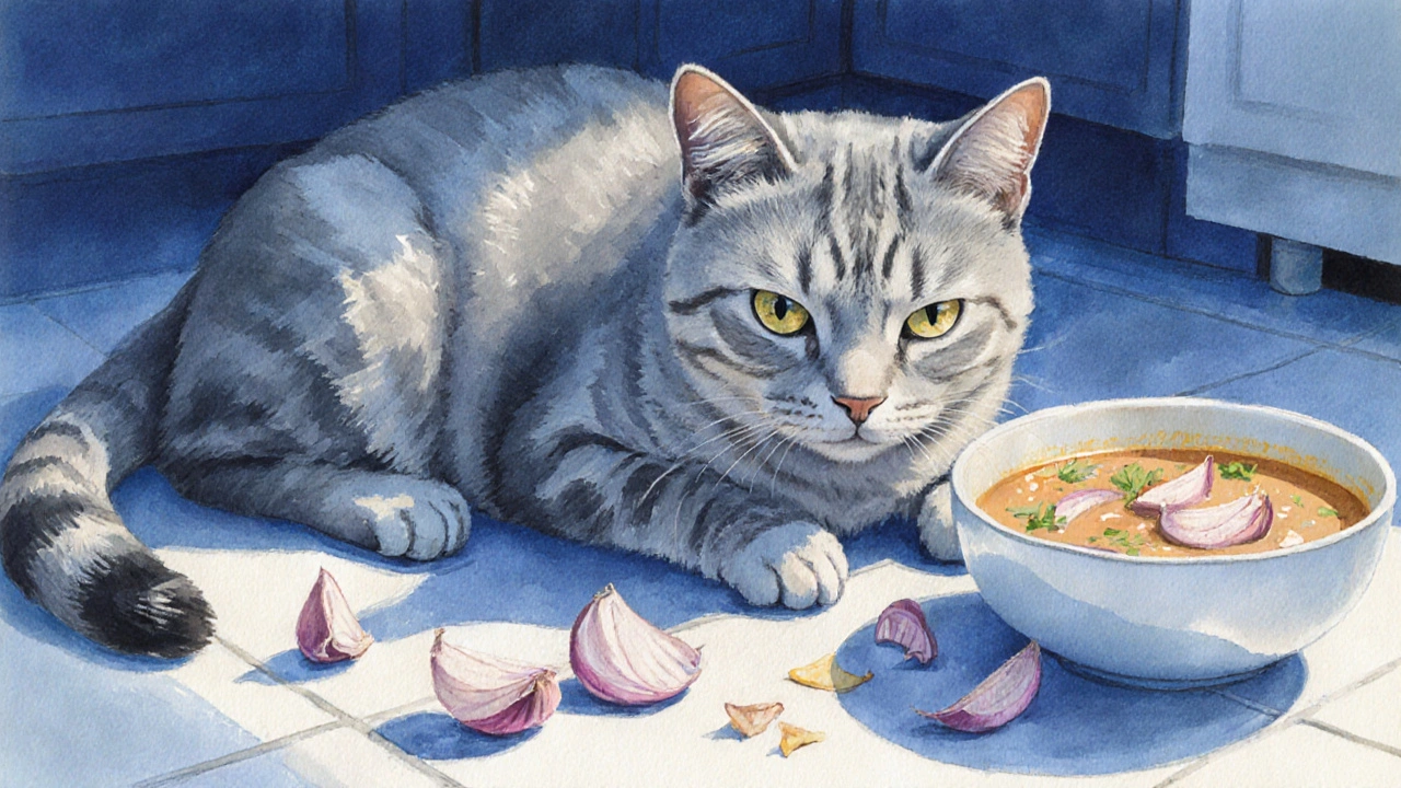 Бледная кошка лежит на кухне среди лука и чеснока, выглядит слабой.