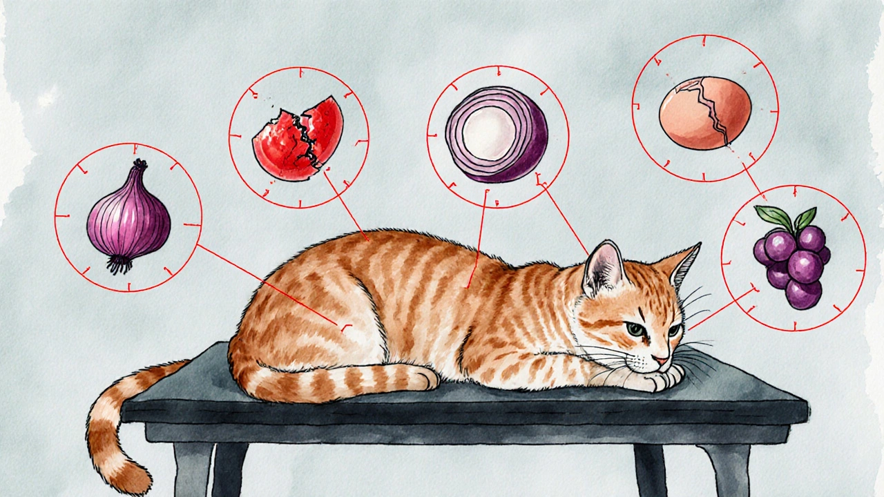 Больная кошка на ветеринарном столе, вокруг неё символы токсинов: лук, яйцо, изюм.