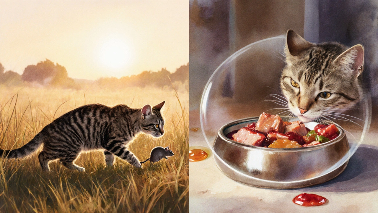 Дикая кошка в траве с мышью, на фоне — домашняя кошка с едой в миске.