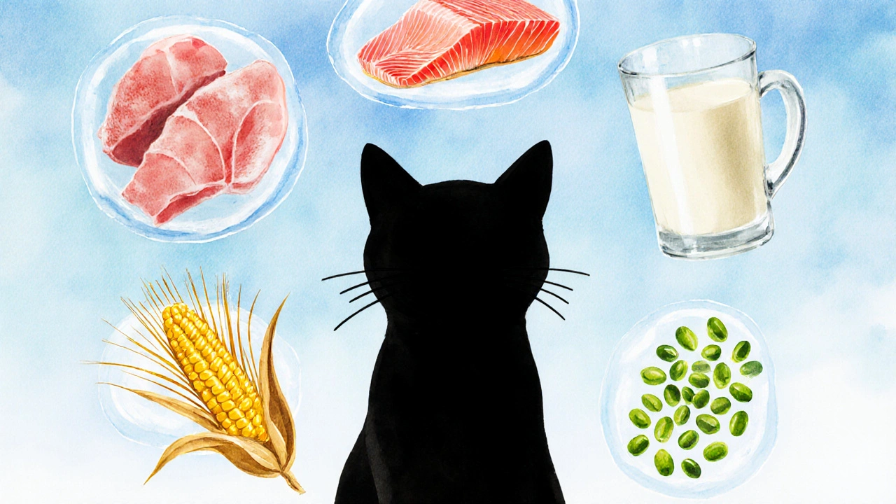 Иллюстрация ингредиентов‑аллергенов: курица, лосось, пшеница, молоко, кукуруза, соя.