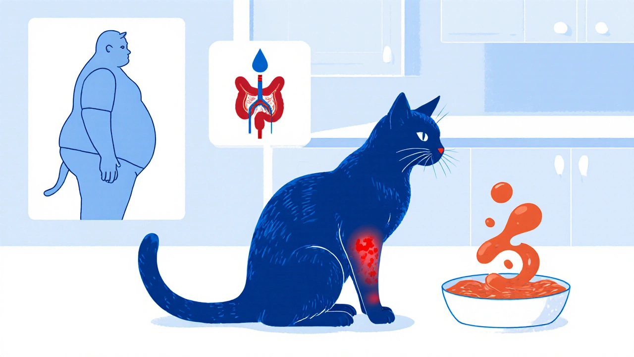 Иллюстрация проблем здоровья кота: зуд, ожирение, проблемы с мочевыводящей системой, рвота и диарея.