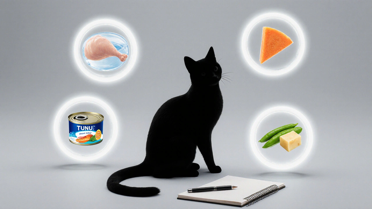 Контур кота окружён иконками безопасных продуктов и записной книжкой.