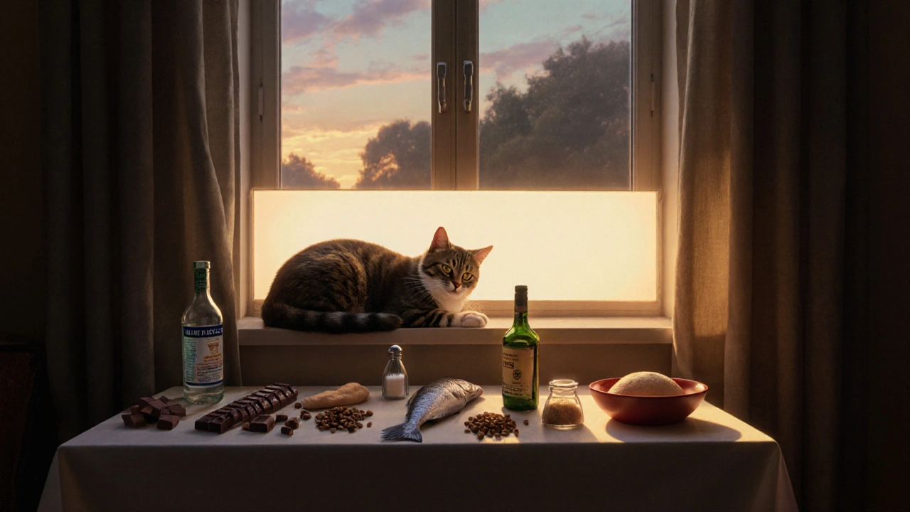 Кошка на подоконнике, с одной стороны — опасная еда, с другой — безопасный корм.