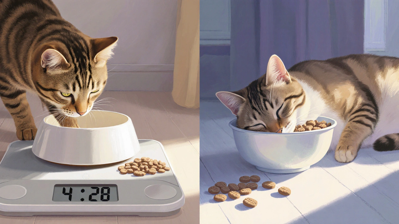 Кошка рядом с пустой миской — слева голодная, справа спокойная.