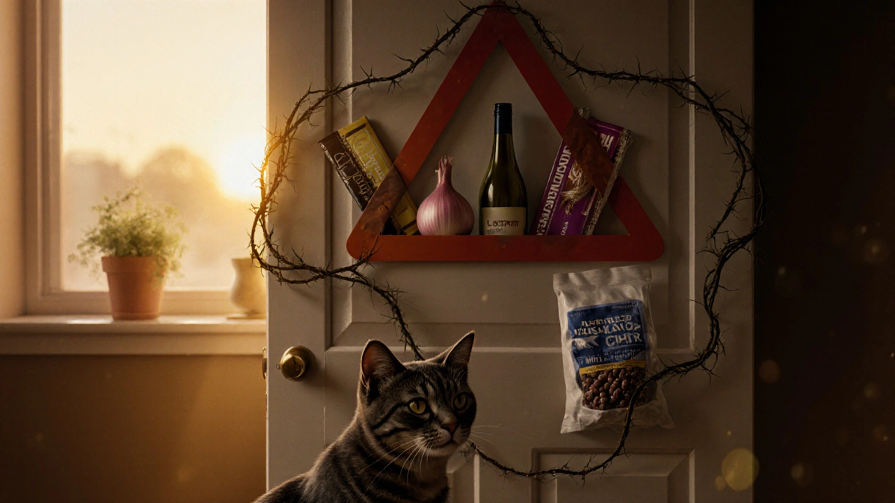 Кошка спокойно сидит у закрытого шкафа, внутри которого скрыты опасные продукты.