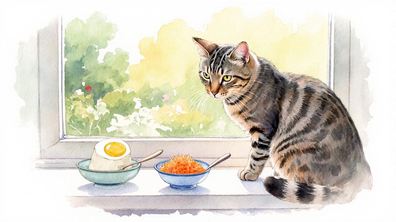 Кот наблюдает за маленькими порциями творога, яйца и моркови.