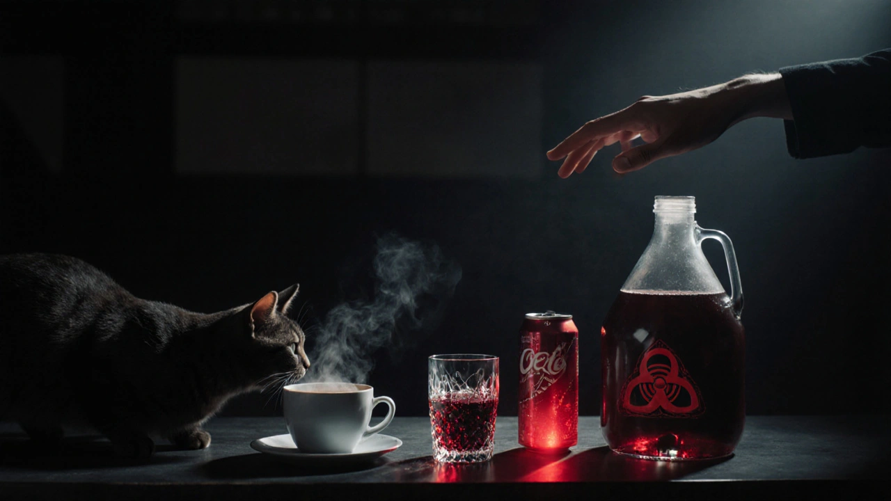 Кот настороженно смотрит на чашку кофе, бокал вина, банку газировки; вокруг предметов красный свет.
