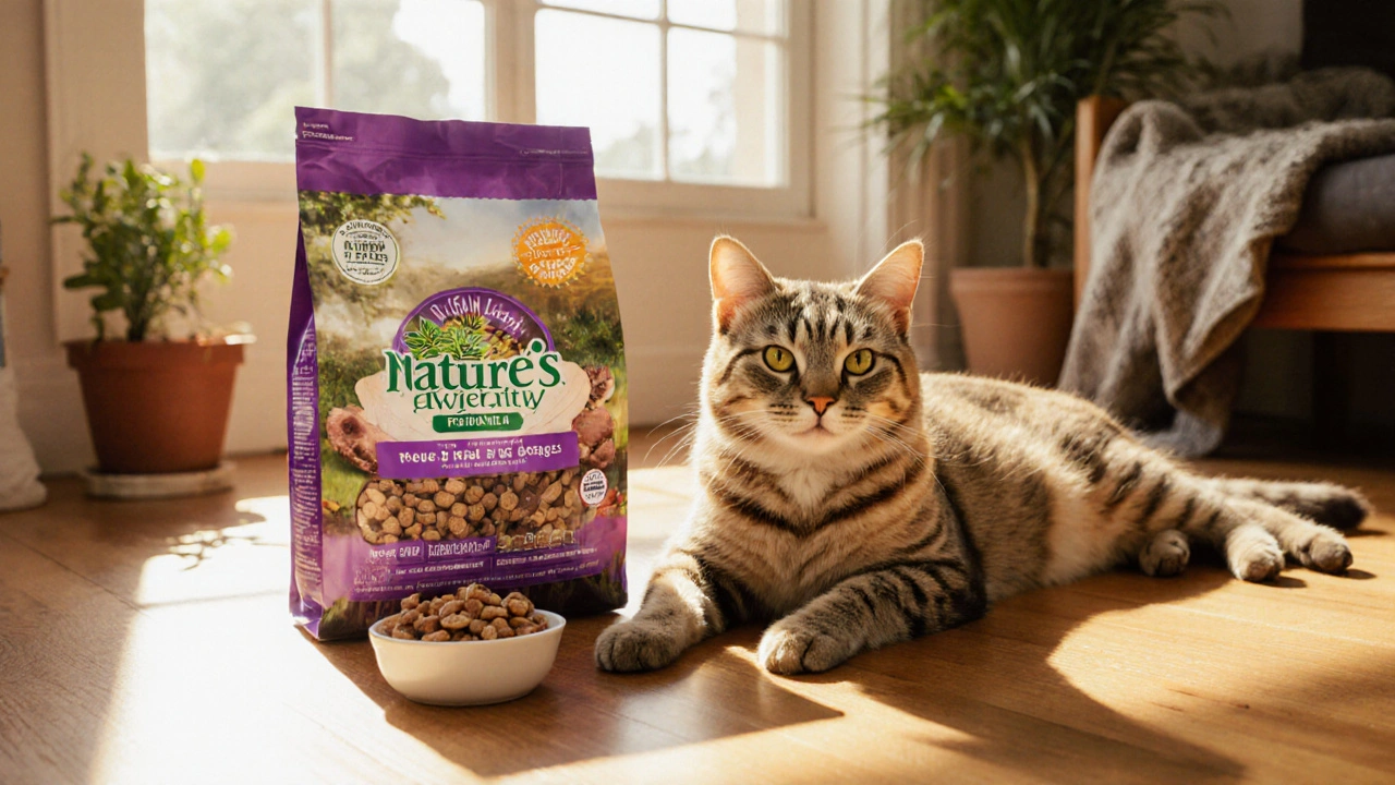 Кот отдыхает рядом с премиальной пищей Nature’s Variety в светлой, уютной комнате.