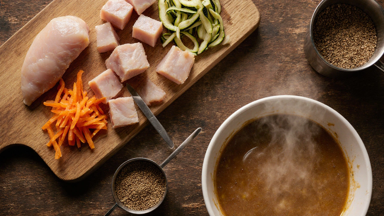 Кухонный план: нарезка курицы, овощей и добавок, готовый блюдо в миске.