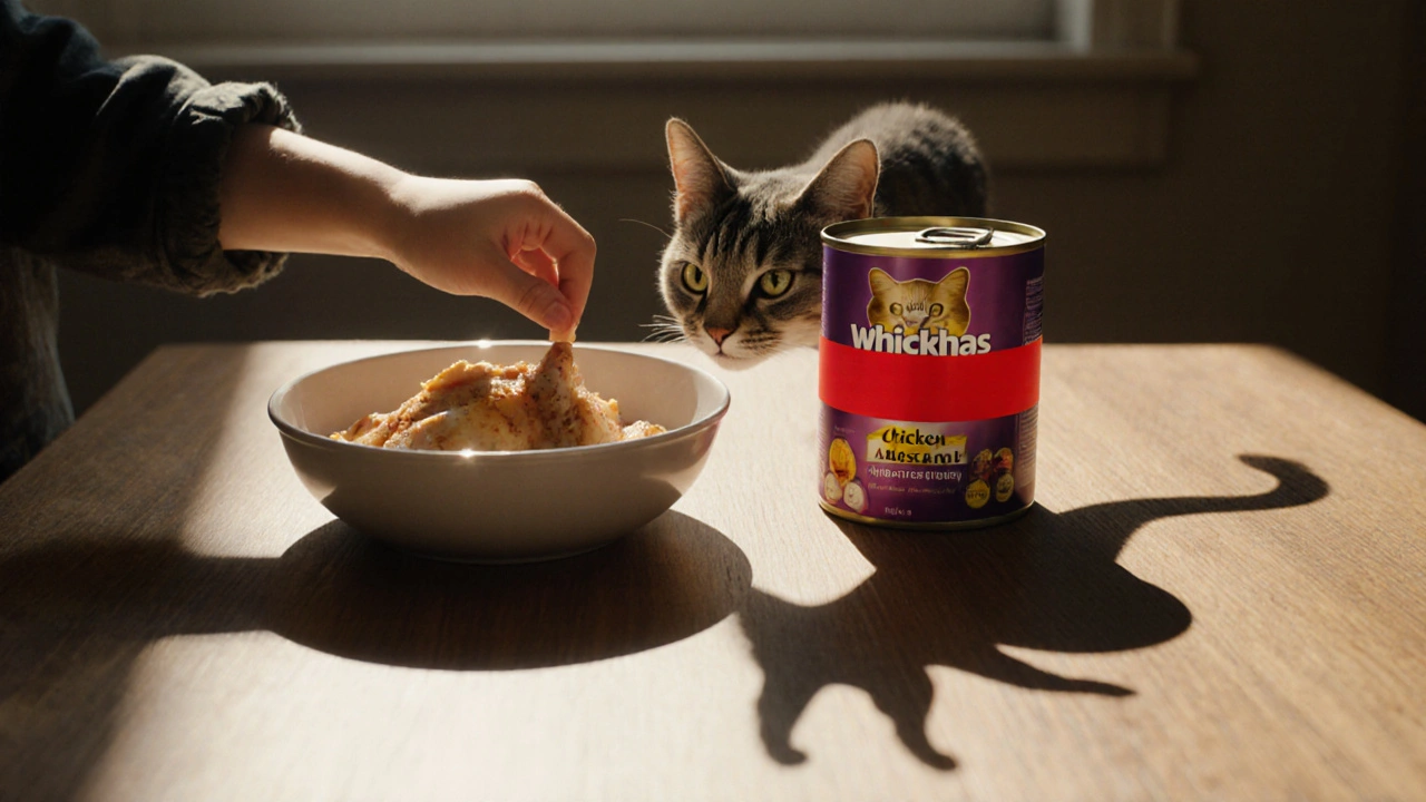 На столе рядом — корм Вискас и отварная курица, тень Вискаса напоминает предупреждение.