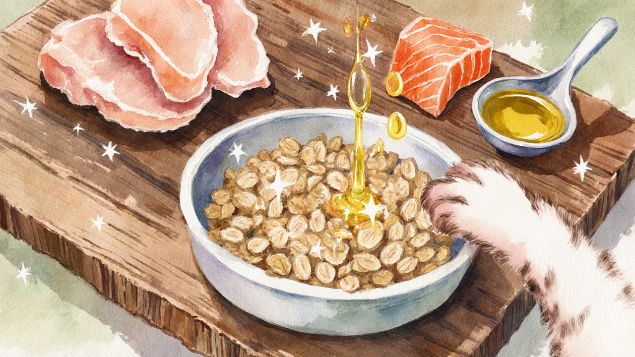 Рисунок домашнего блюда для кота: курица, лосось, рыбий жир и овёс.