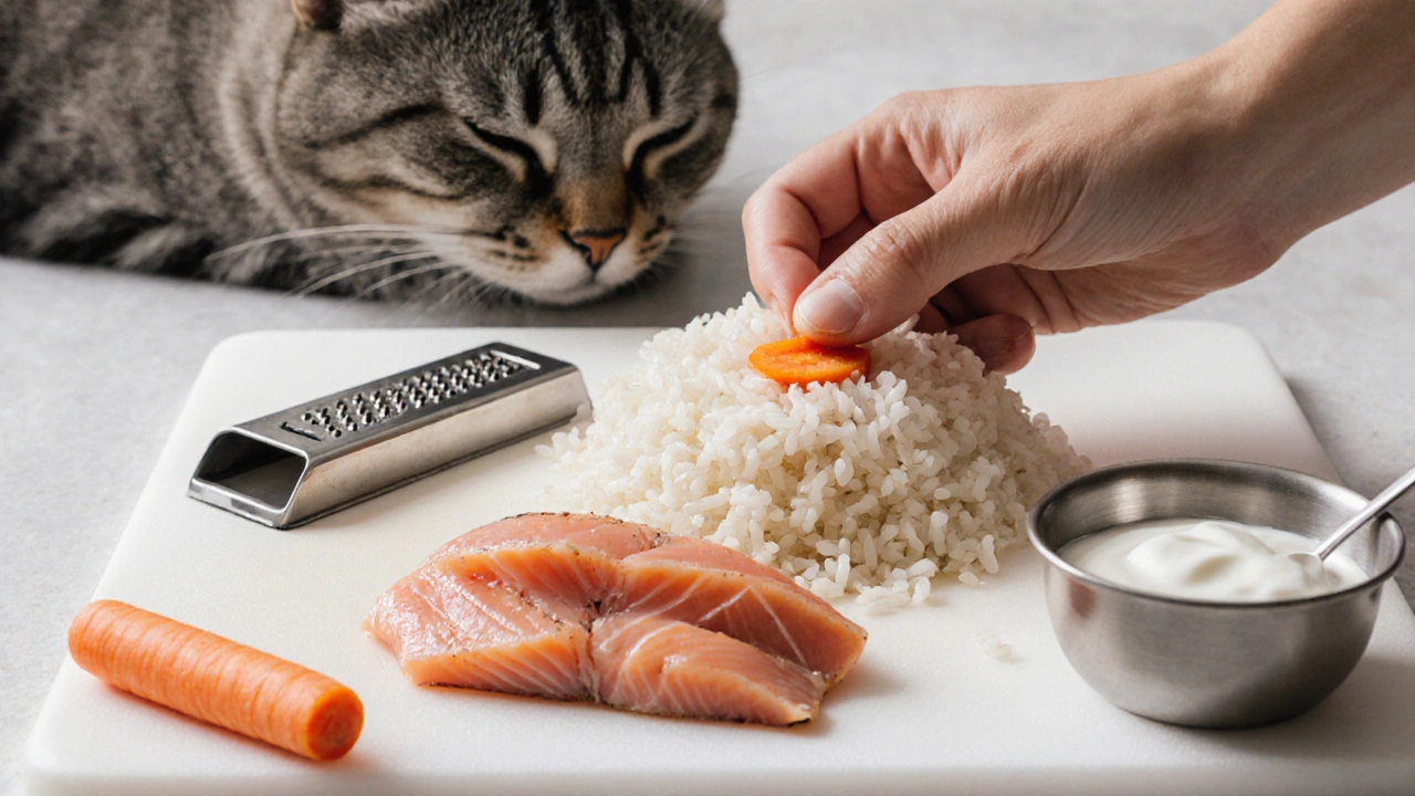 Рука готовит безопасные продукты для кошек: курица, лосось, рис, морковь и йогурт.