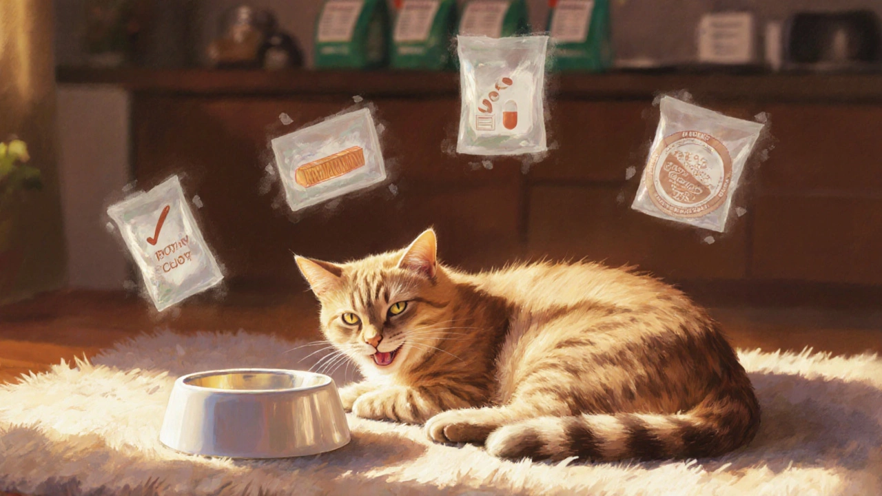 Счастливая кошка на ковре рядом с водой и иконками‑чеклистом.