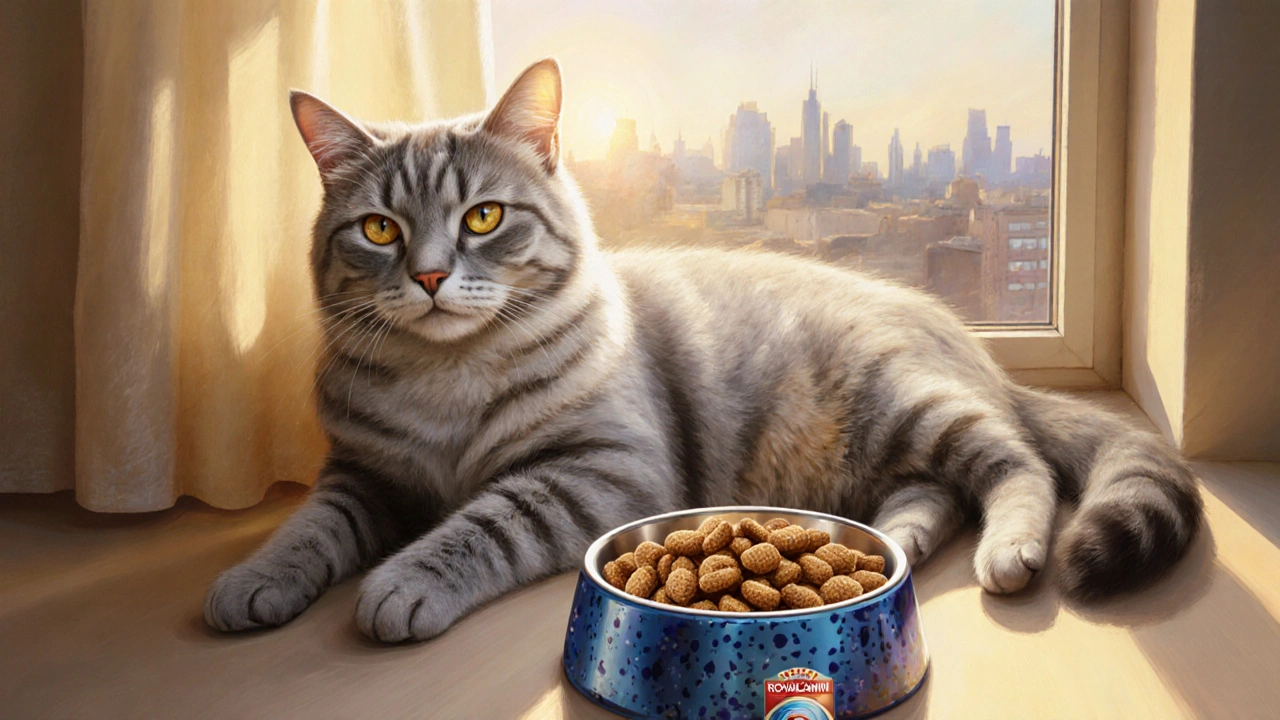 Счастливый кот на подоконнике с миской, содержащей два типа корма.