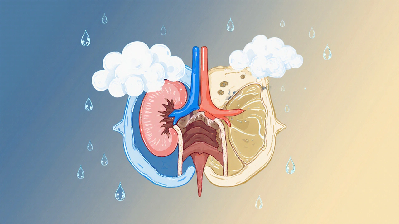 Сравнение внутреннего состояния кошки: обезвоженные органы и здоровые органы с чистой мочой.