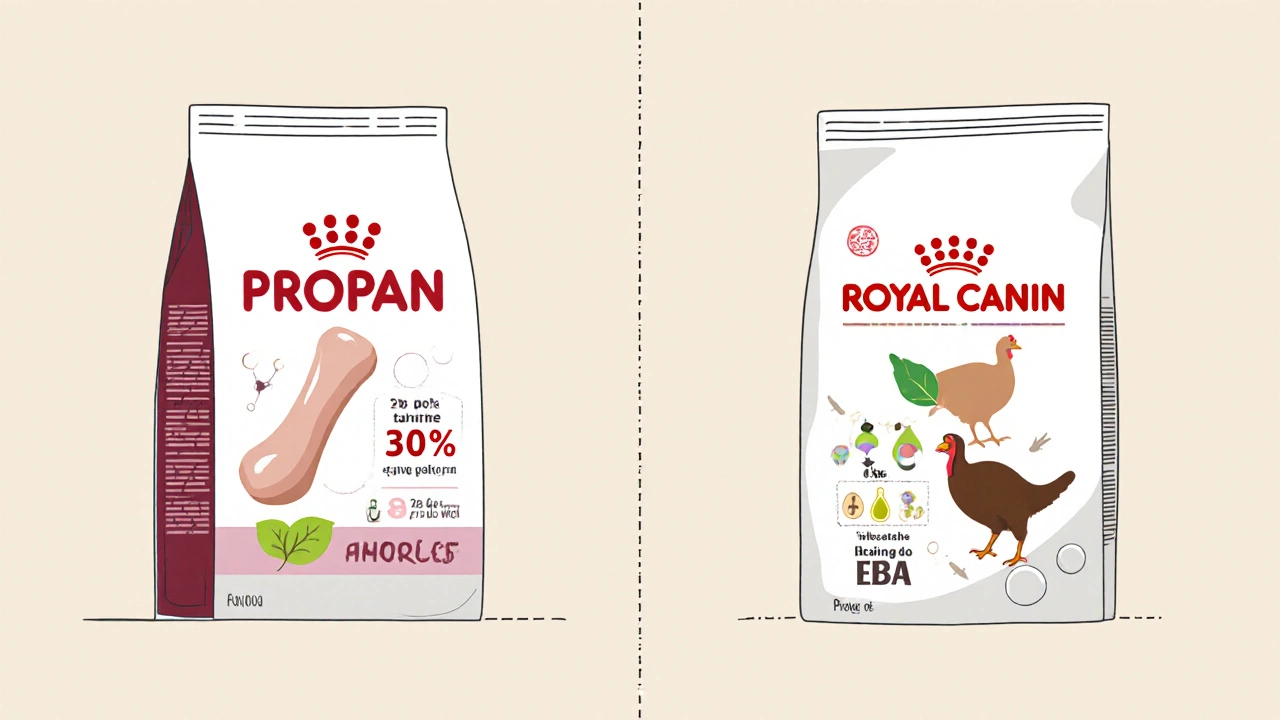 Сравнительная иллюстрация ингредиентов Propan и Royal Canin без текста.