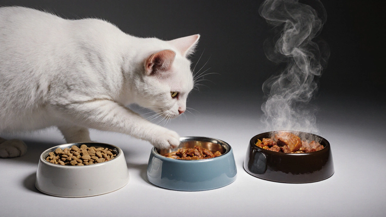 Три миски с едой: одна холодная, одна тёплая — кошка прикасается к тёплой.