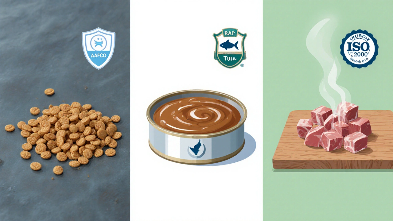 Три панели показывают сухой, влажный и сырой корм для кошек.