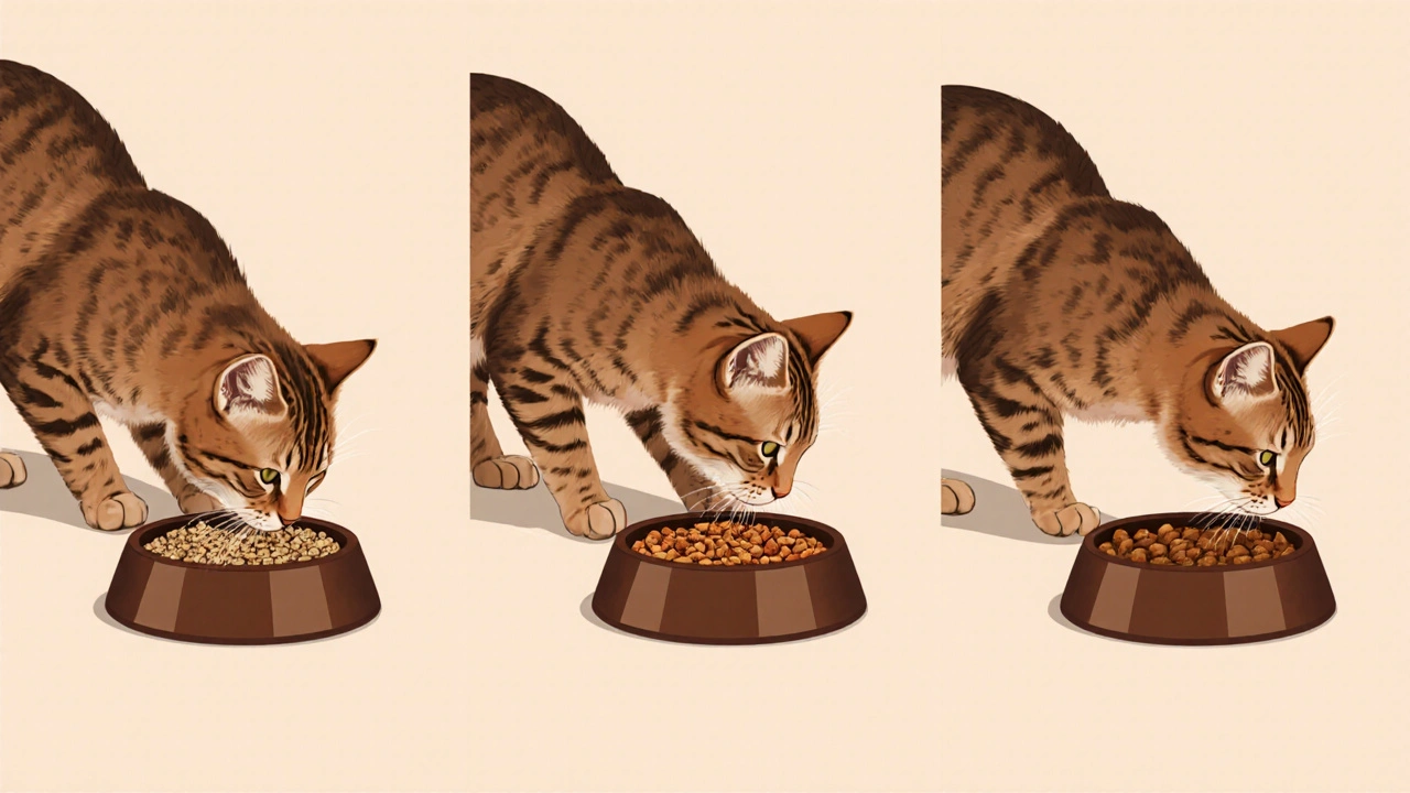 Три сцены перехода с сухого на влажный корм: утро, день, вечер — постепенная замена рациона.