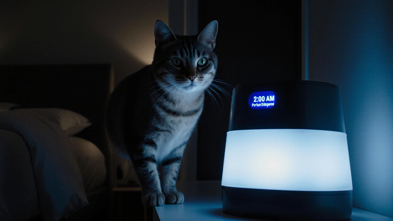 Умная кормушка выдает порцию корма кошке в 2 часа ночи.