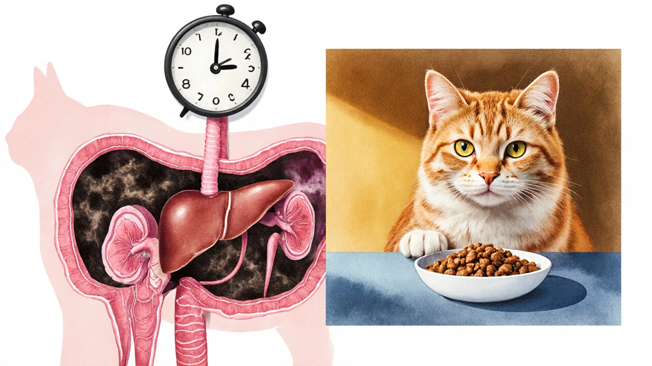 Внутренние органы кошки разрушаются от неправильного корма, рядом — здоровая кошка.