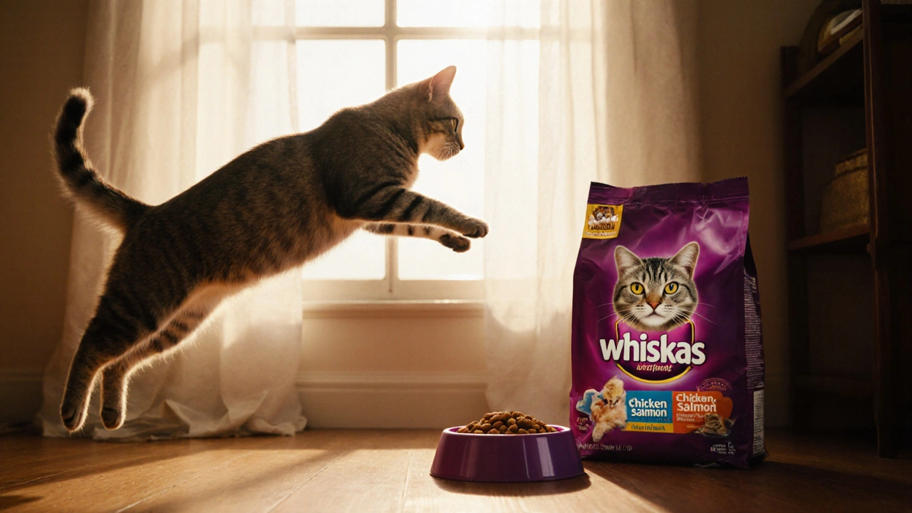 Здоровая кошка прыгает к окну, рядом — качественный корм, а на полу лежит брошенный пакет Вискаса.