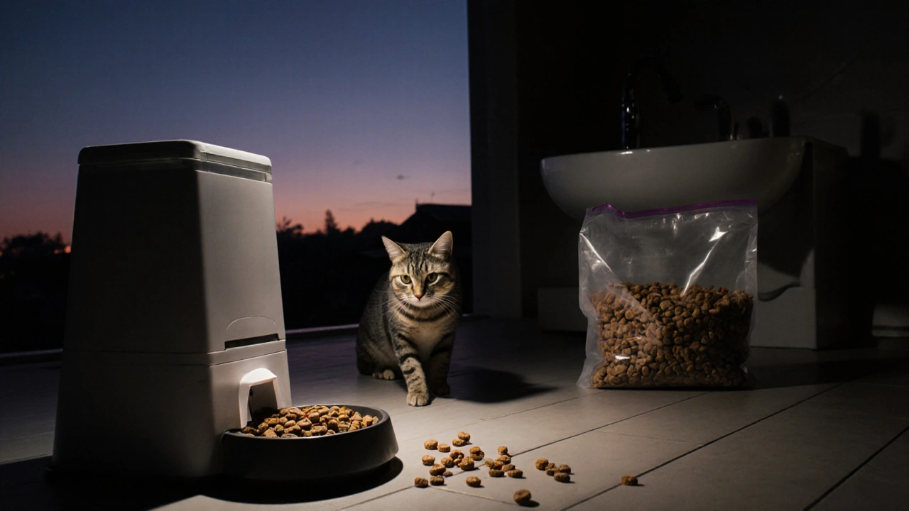 Автоматическая кормушка выдает порцию корма, рядом — чистая миска и бросленный пакет со старым кормом.