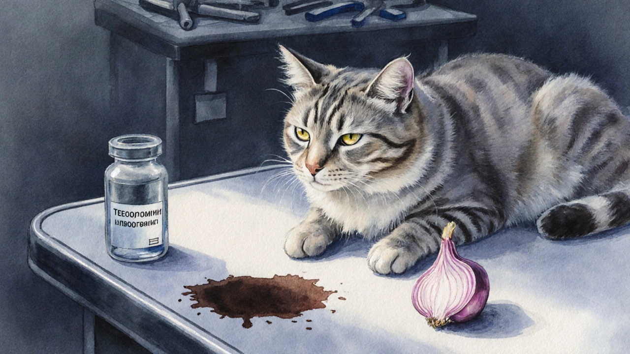 Бледная кошка на ветеринарном столе, рядом — лук и темная моча.