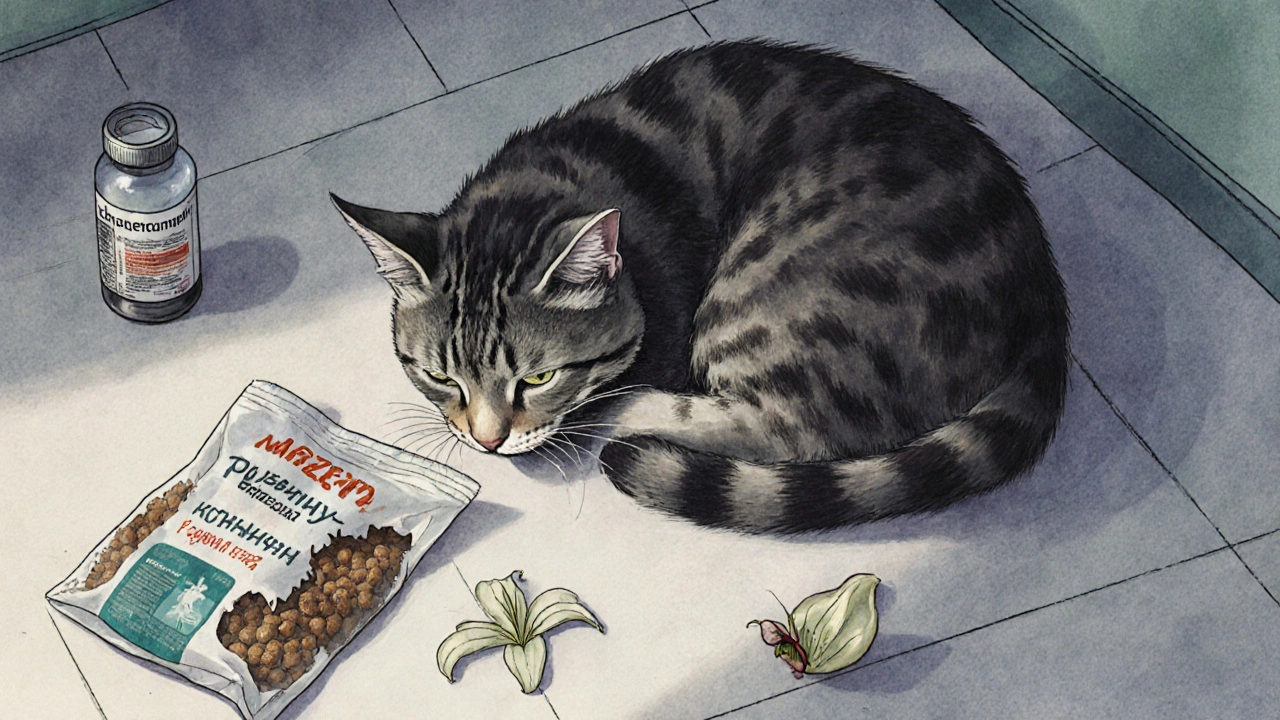 Больная кошка на полу ветеринарной клиники, рядом — пустая таблетка и увядшая лилия.