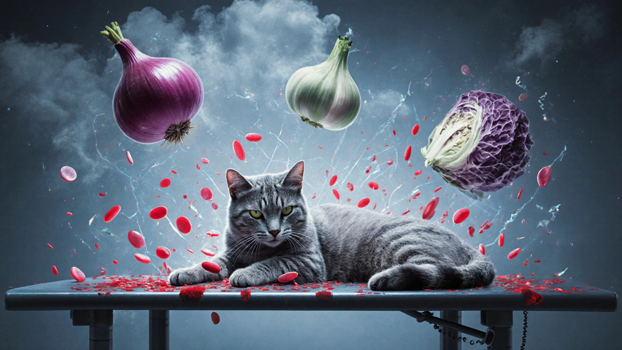 Больная кошка на ветеринарном столе с разрушающимися эритроцитами вокруг.