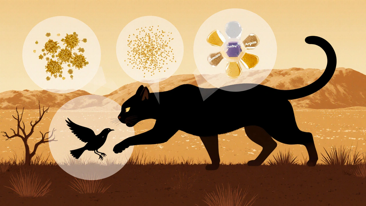 Дикая кошка охотится на птицу, вокруг плавают золотые частицы необходимых питательных веществ.