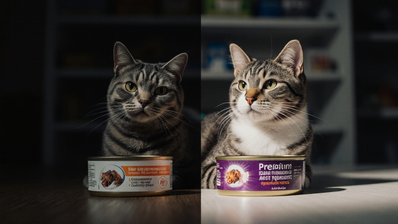 Две баночки корма: дешевая с плохой реакцией кошки и дорогая с здоровой кошкой рядом.