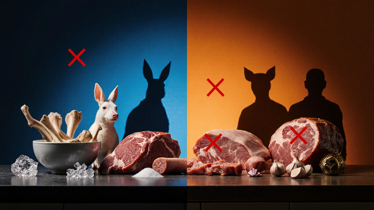 Две стороны кухонной стойки: безопасное мясо слева, вредные продукты справа с крестами.