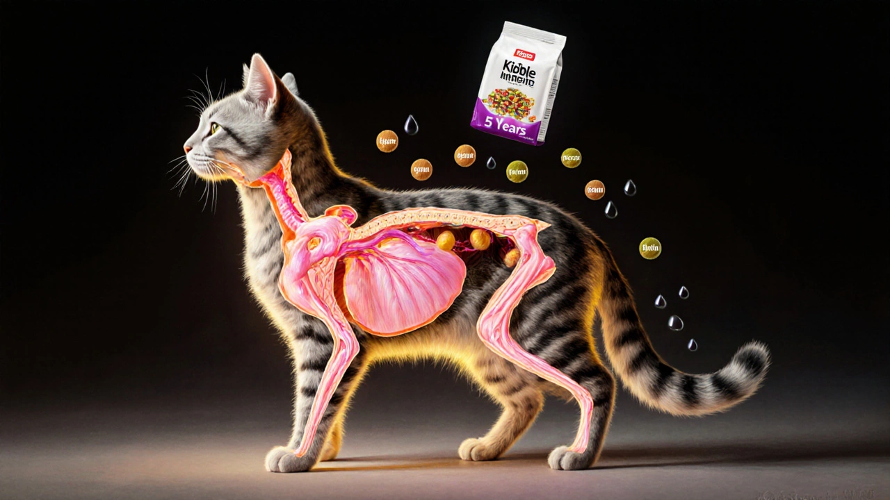 Художественное изображение внутреннего состояния кошки: здоровая верхняя часть тела и угасающая нижняя с исчезающими питательными веществами.