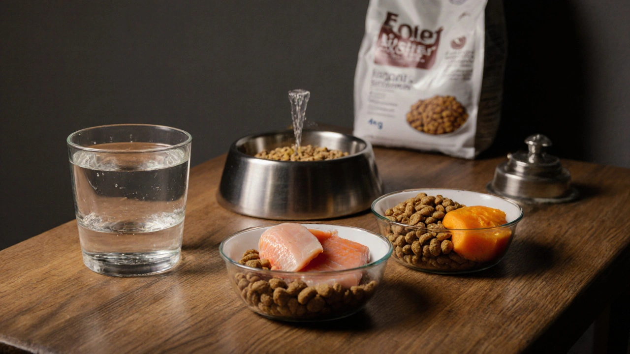 Идеальный рацион кошки: три порции влажного и сухого корма, стеклянная миска с водой, бракованный корм в углу.