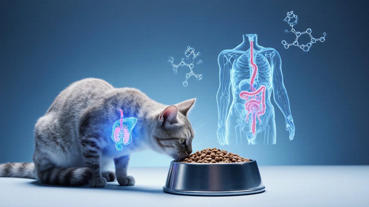 Кошка ест влажный корм, рядом — вода, над ней — схема внутренних органов и питательных веществ.