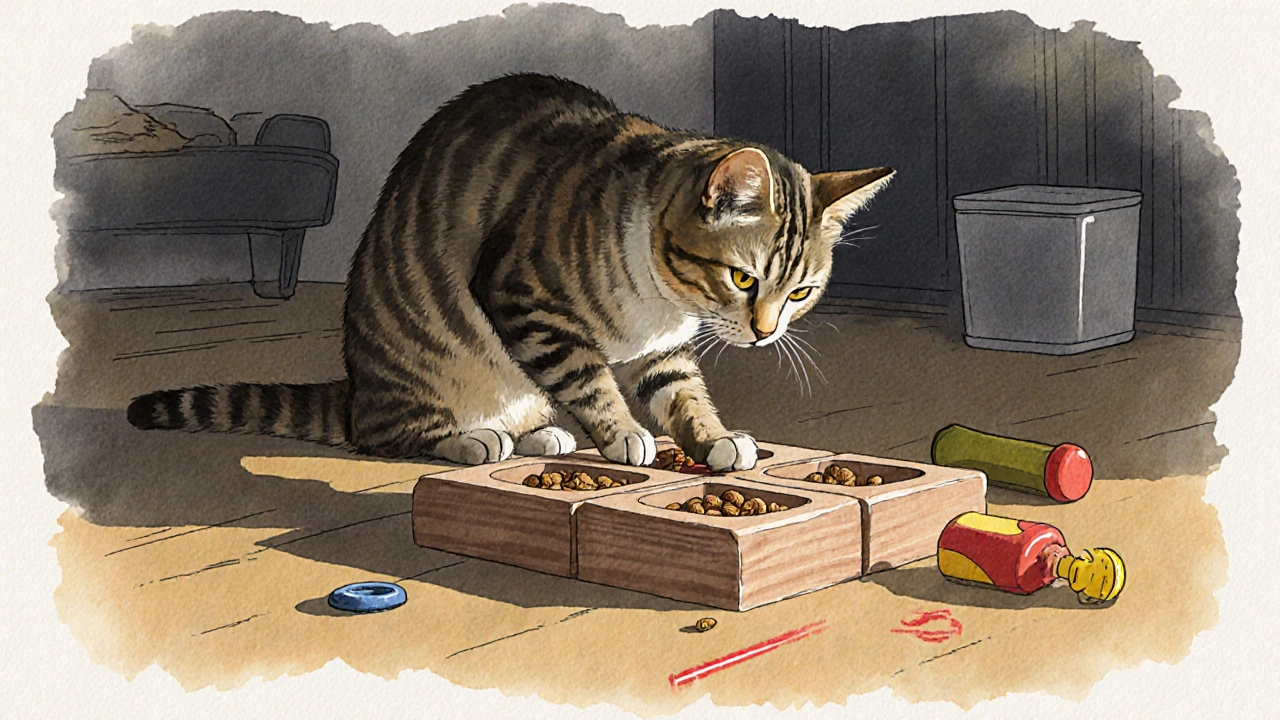 Кошка играет с кормушкой-головоломкой, выпуская корм.