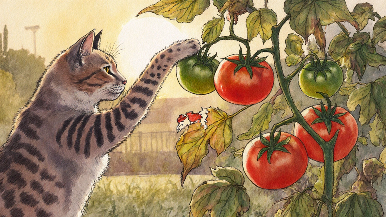 Кошка копается в томатном кусте в огороде.