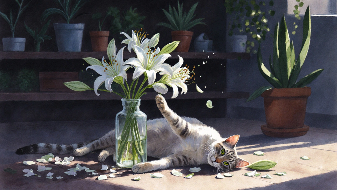 Кошка лежит рядом с упавшей вазой лилий, лепестки и пыльца вокруг неё.