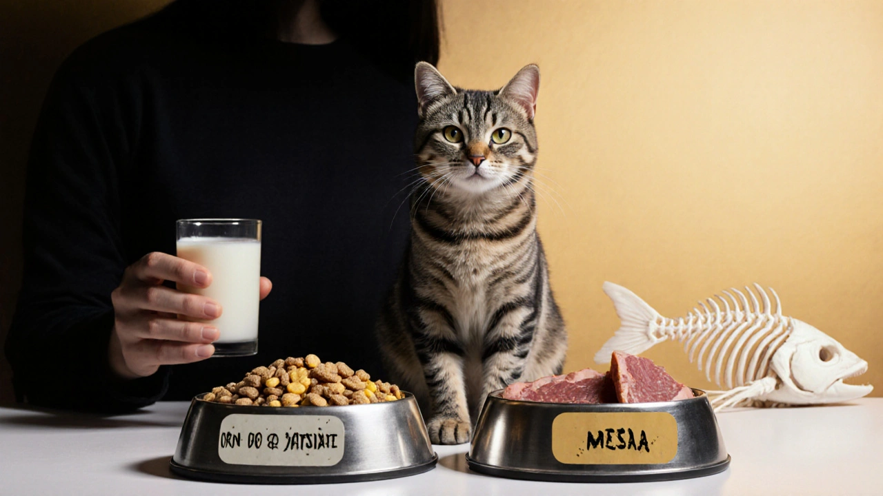 Кошка между двумя мисками: одна с сухим кормом, другая с натуральной едой.