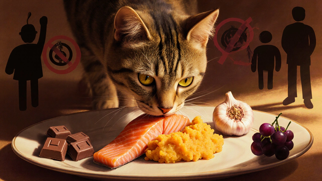 Кошка осторожно обоняет безопасную еду, вокруг — запрещённые продукты.