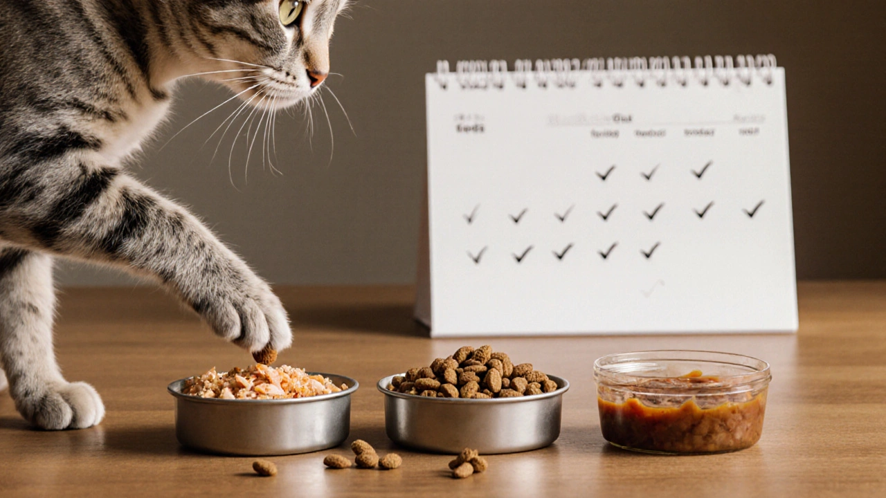 Кошка отталкивает один сухой корм, тянутся к разнообразным текстурам еды на деревянном столе с календарём с пометками.