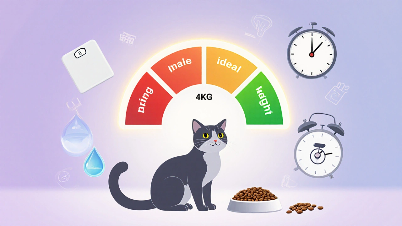 Кошка с индикатором здоровья, вокруг — символы порций, воды, часов и ветеринара.