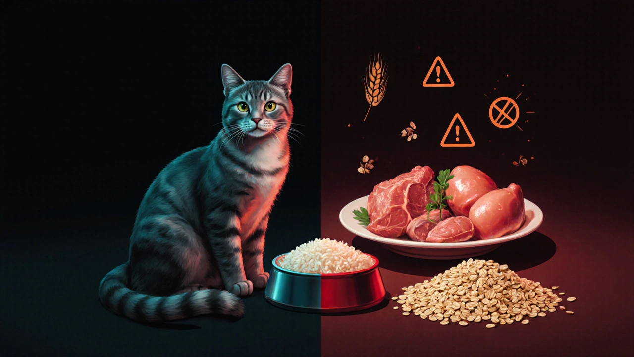 Кошка сидит рядом с миской куриного филе и риса, противопоставленной запрещённым злакам.