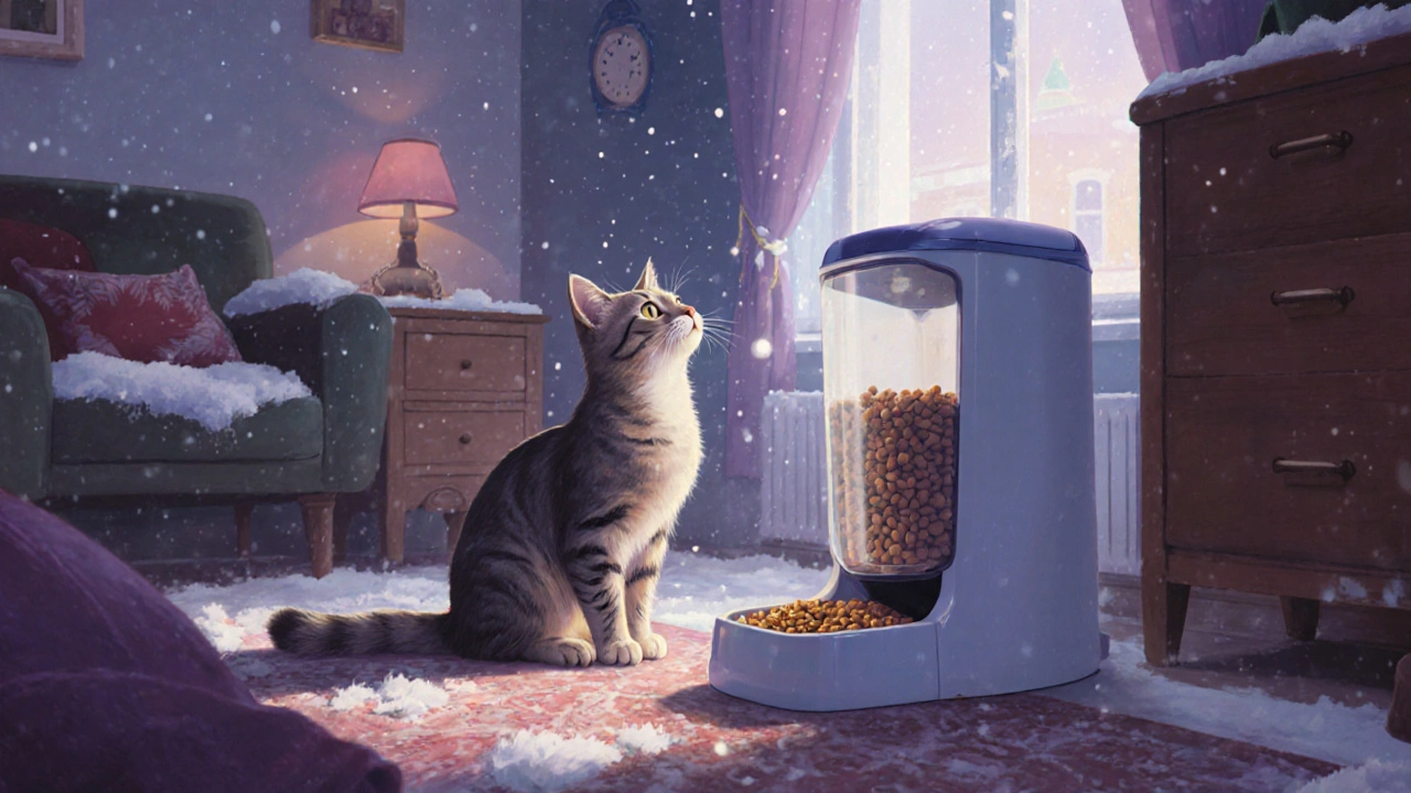 Кошка смотрит на автоматический кормушку, в комнате зимний свет и влажный корм рядом.