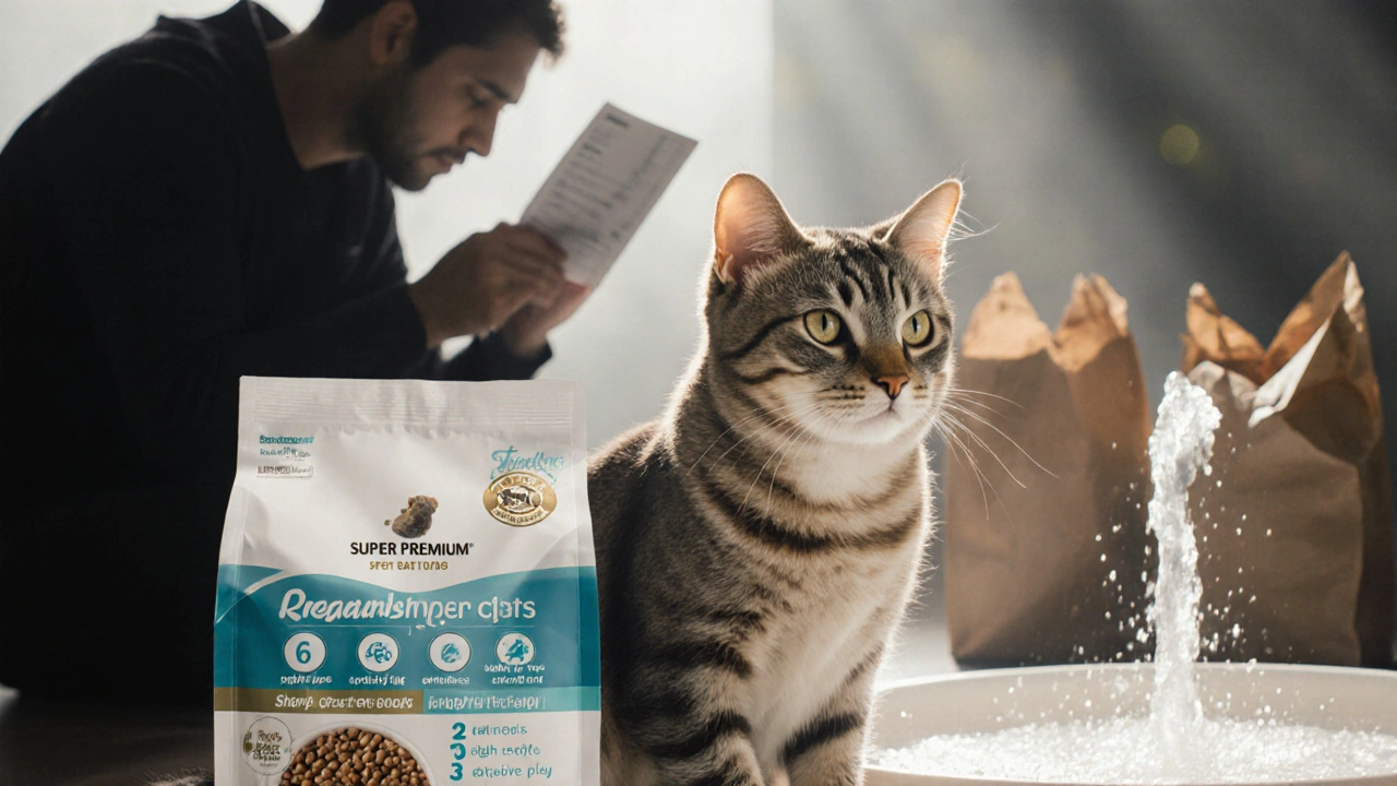 Кошка спокойно сидит рядом с качественным кормом, вокруг — визуальные признаки улучшения здоровья через время