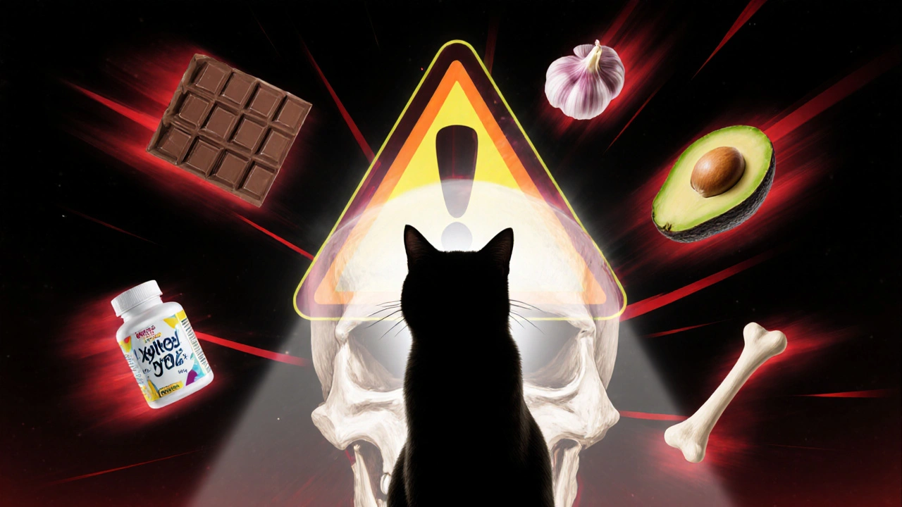 Кошка в силуэте перед предупреждающим знаком с опасными продуктами.