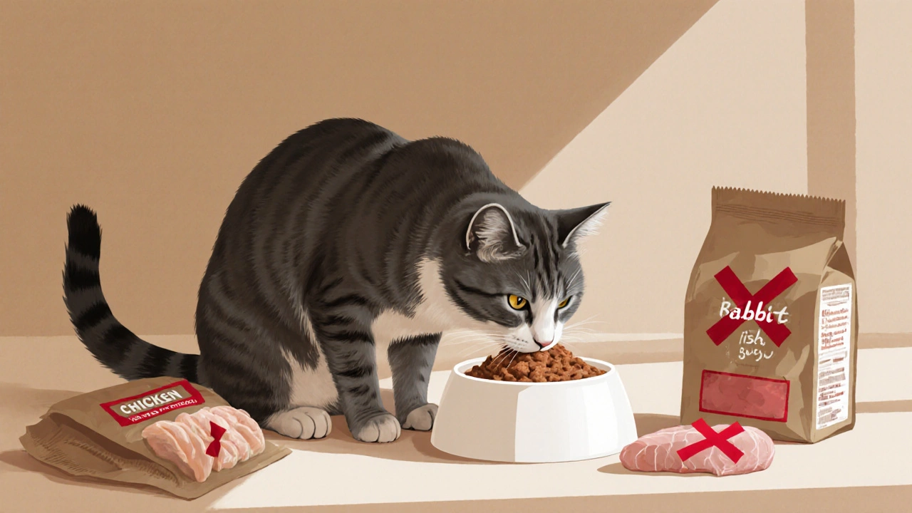 Кот спокойно ест корм из кролика, вокруг — бросленные пакеты с курицей и рыбой.