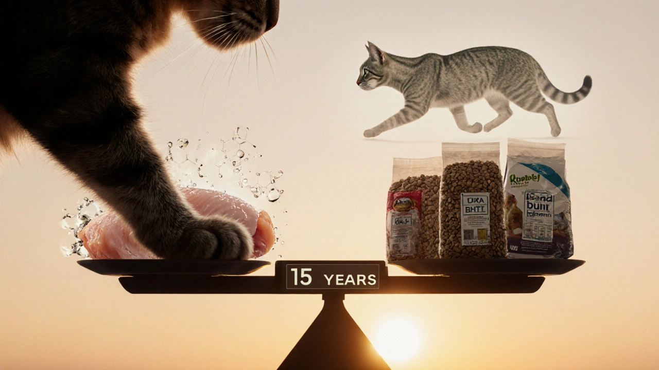 Котёнок давит на весы: одна чаша — свежее мясо и вода, другая — сухой корм и химикаты, весы наклонены в сторону корма.