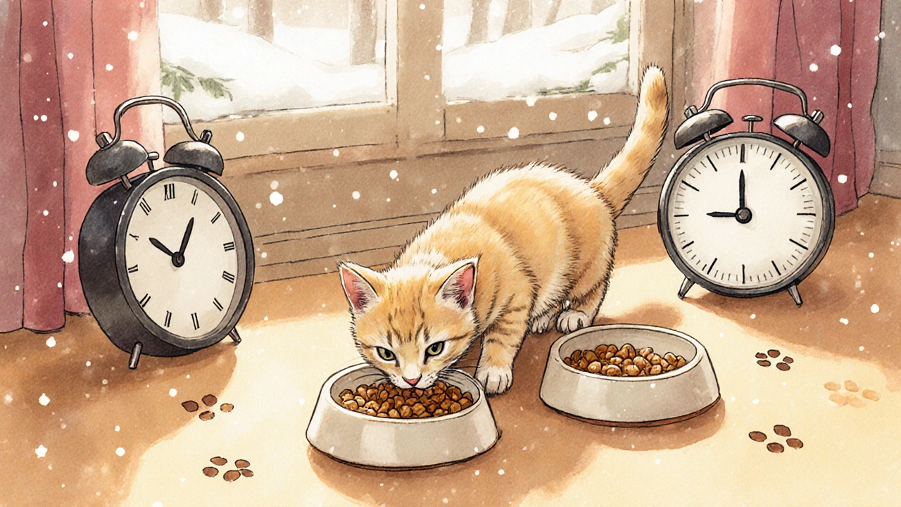 Котёнок ест из двух мисочек с влажным кормом в тёплом светлом помещении, рядом полупустая миска.